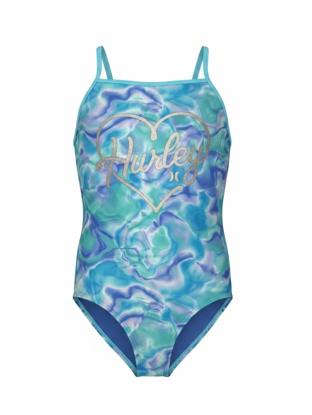Hurley Teal and Turquoise Marble One-Piece Swimsuit with Logo